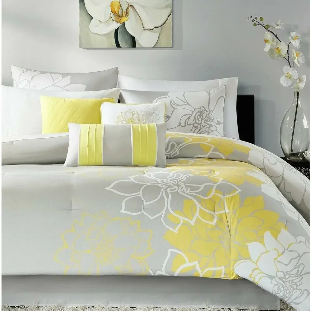 Madison Park Lola 7 Pieces California King Comforter Set Yellow Gray NEW